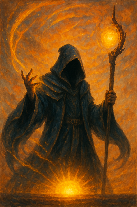 Verhüllte magische Gestalt mit einem leuchtenden Stab vor einem flammend orangen Himmel – Der Caller of the Golden Hour von CHASAL