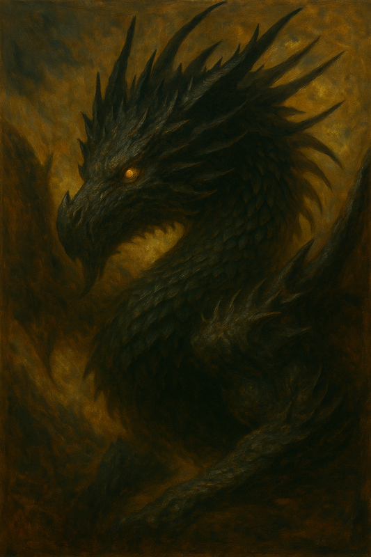 in majestätischer schwarzer Drache mit leuchtenden Augen in einer düsteren, golden schimmernden Atmosphäre – Der Dragon of Shadow, Hüter des Strength Elixiers von CHASAL