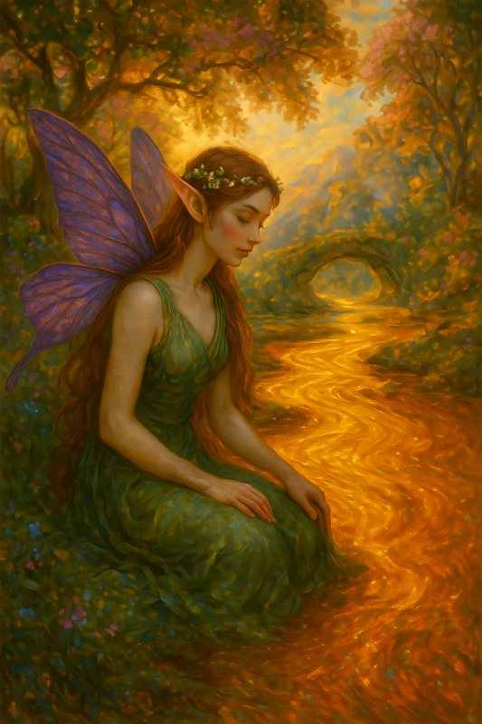 Eine Waldfee mit lila Flügeln sitzt an einem golden leuchtenden Fluss im Wald – Der Guardian of the Syrup Light von CHASAL