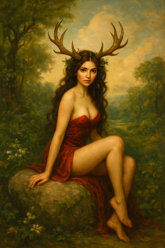 Eine Waldnymphe mit Hirschgeweih und rotem Kleid sitzt auf einem Felsen im Wald – Die Hüterin des Seductive Elixiers von CHASAL