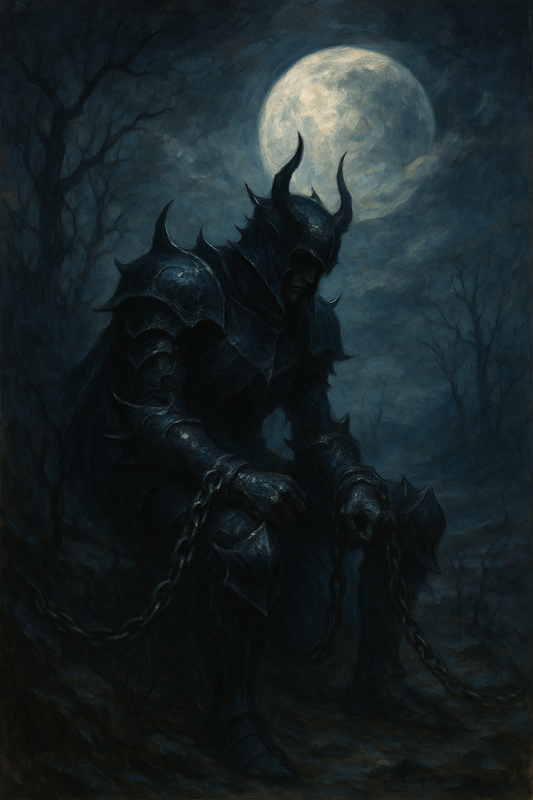 Ein dunkler Ritter in verzierter Rüstung sitzt angekettet unter einem großen Vollmond – Der Redeemer of Chains, Hüter des Loneliness Elixiers von CHASAL.