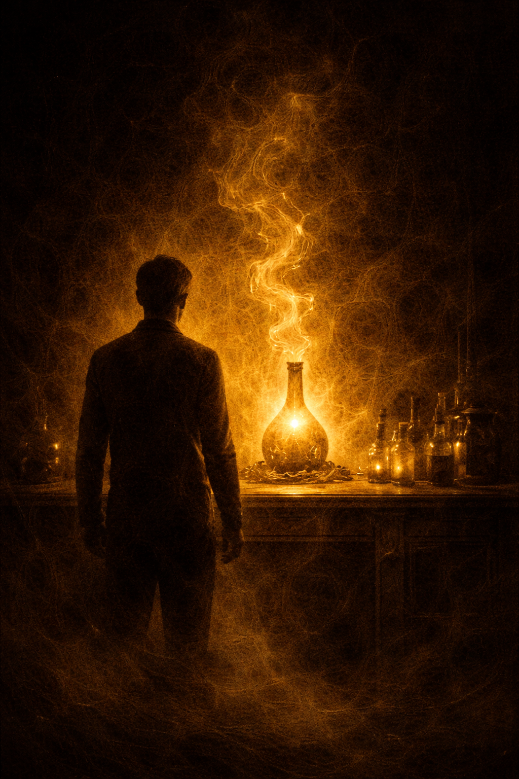 Ein Alchemist steht in einer dunklen Werkstatt vor einem golden leuchtenden Glaskessel, aus dem magischer Dampf aufsteigt – Symbol für die rituelle Herstellung der Chasal Elixiere.