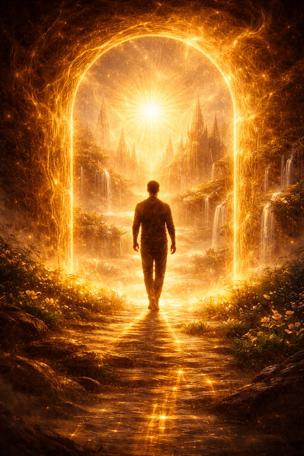 ine Silhouette blickt durch ein gewaltiges, golden leuchtendes Tor in einen dunklen Wald – Das Portal zu den exklusiven Elixieren von Gates of Chasal.