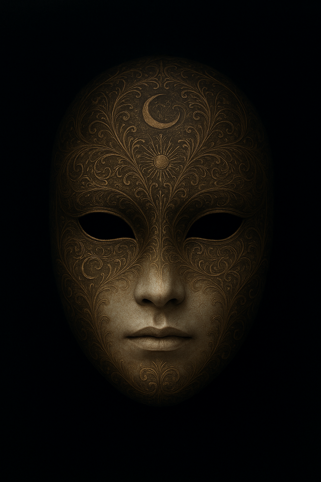 etailreiche goldene Maske mit Mond- und Sonnen-Ornamenten vor schwarzem Hintergrund – Gates of Chasal Brand Visual für exklusive Elixiere.