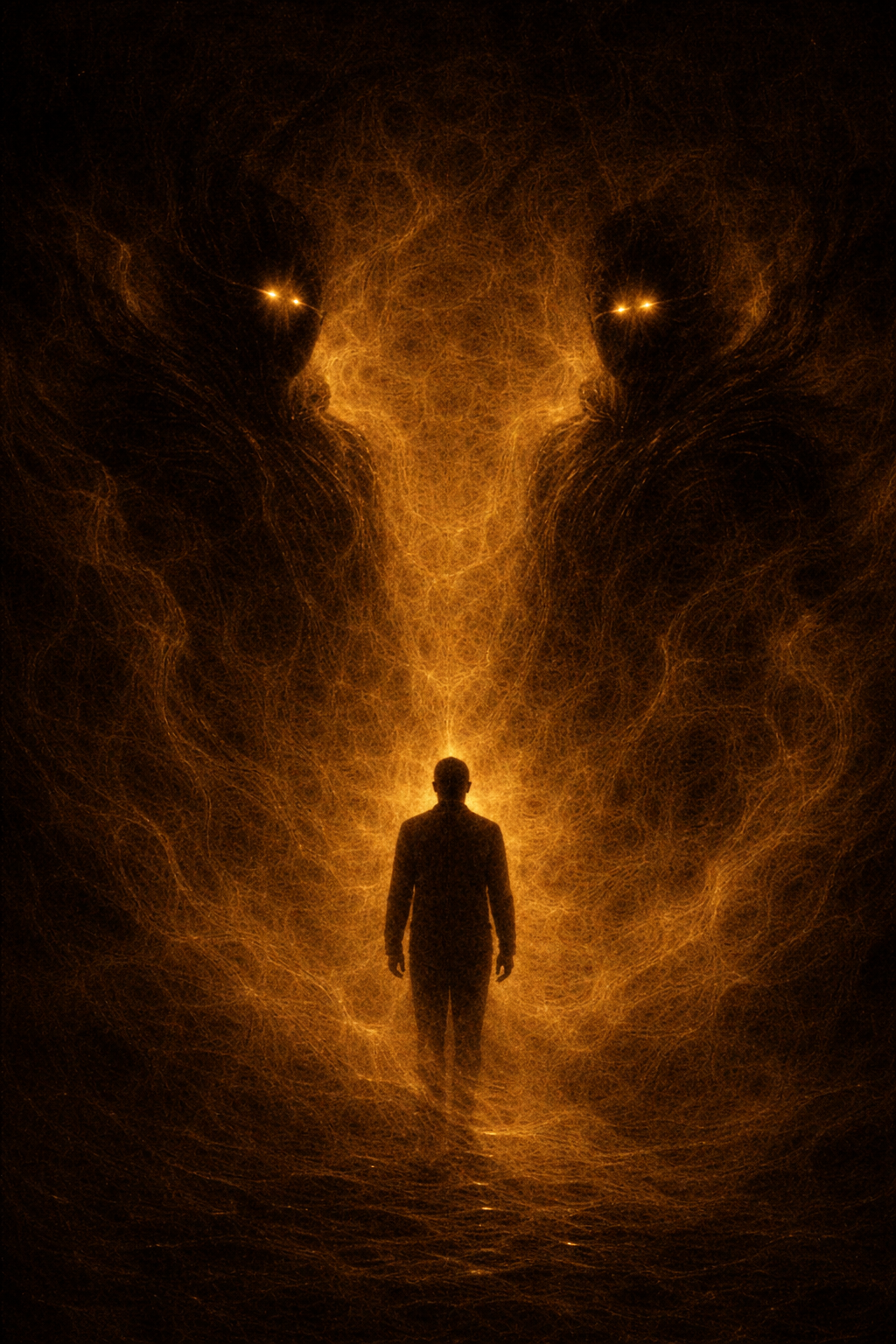 ine Silhouette vor einem golden strahlenden Pfad, flankiert von zwei gewaltigen Schattenwesen mit leuchtenden Augen – Die Prüfung der Hüter bei Gates of Chasal.