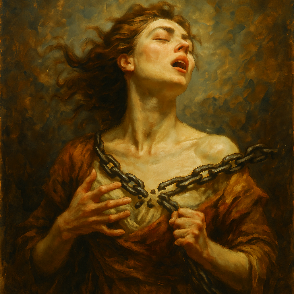 Dramatisches Ölgemälde einer Person, die eine schwere Eisenkette zerreißt – Symbol für Befreiung und die Essenz des Elixiers von Gates of Chasal.