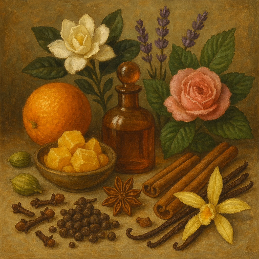 Gemälde von Duftzutaten: Vanilleschoten, Zimtstangen, Sternanis, Rose, Lavendel und eine klassische Apothekerflasche – Rohstoffe der Gates of Chasal Elixiere.