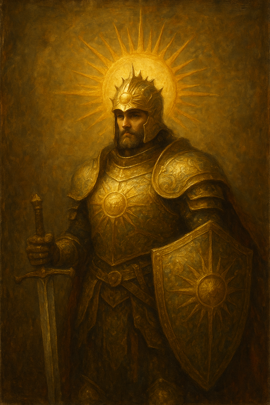 in majestätischer Ritter in goldener Rüstung mit Schwert und Sonnenschild vor einer strahlenden Aura – Der Hüter des Courage Elixiers von CHASAL.