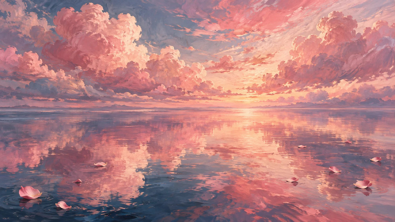 Rosafarbene Wolken und schwebende Blütenblätter über einer leuchtenden Wasserfläche